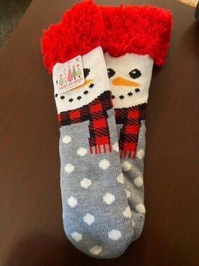 Cozy Snowman Fuzzy Cuffed Holiday Socks - Red, Gray, White